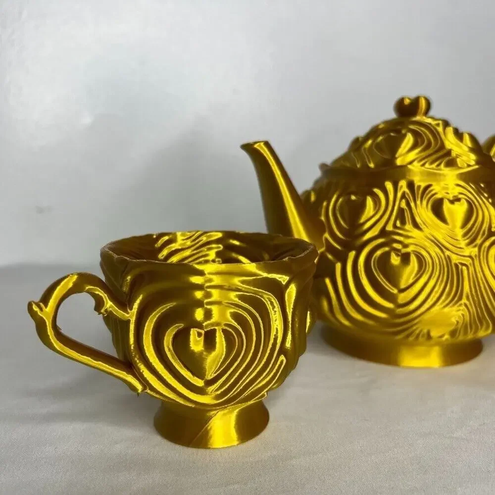 Gold Heart Tea Set Teapot with 2 Cups Ornate Textured Design Decorative Plastic